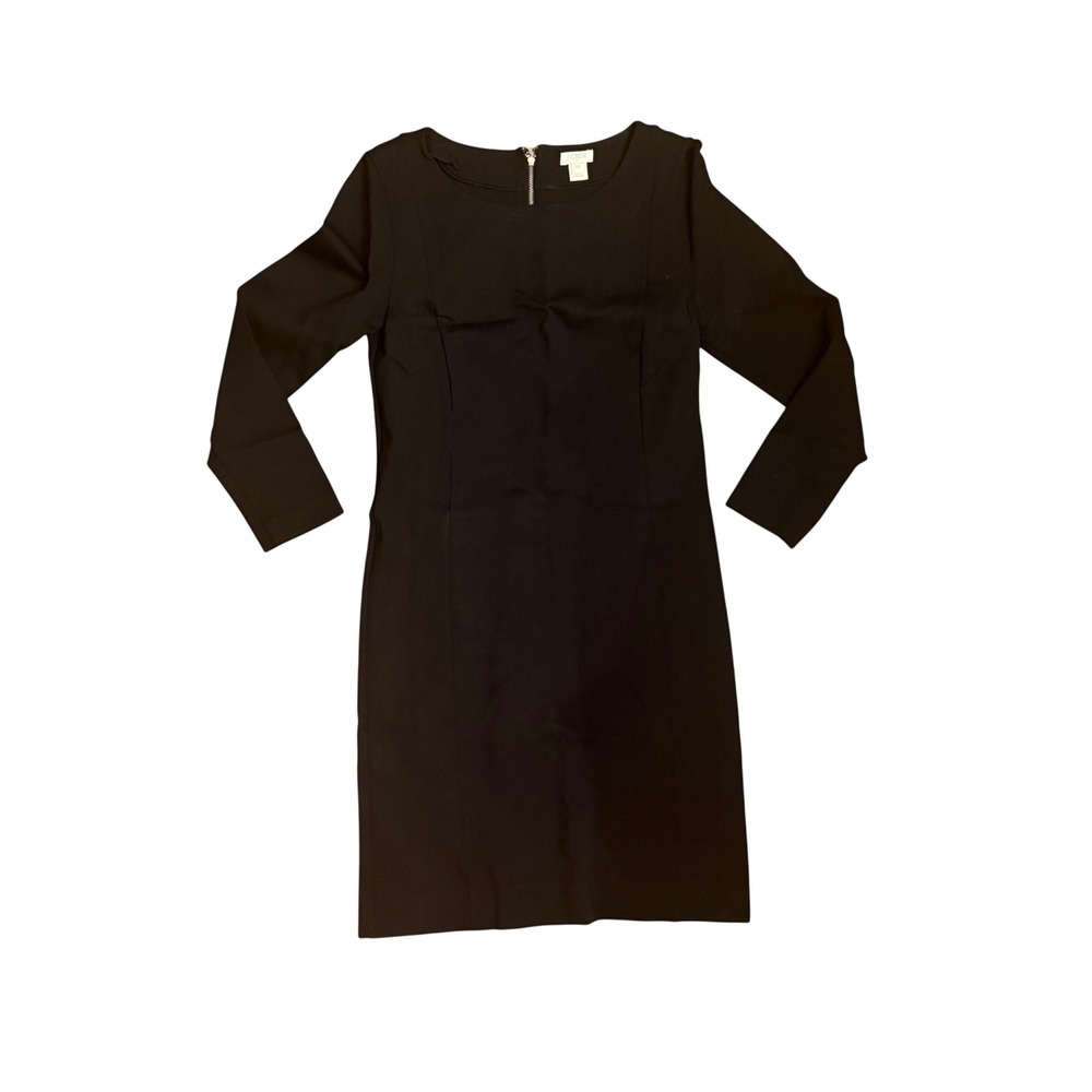 J.Crew Black Ponte Sheath Dress Long Sleeve Exposed Zip Work Office F5086 XXS